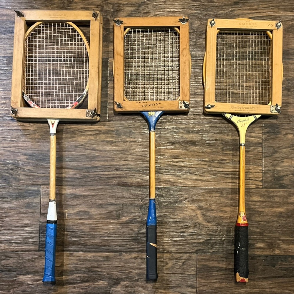 Three Vintage Wood Badminton Rackets & Press Frames All Pro Classic Campbell 33